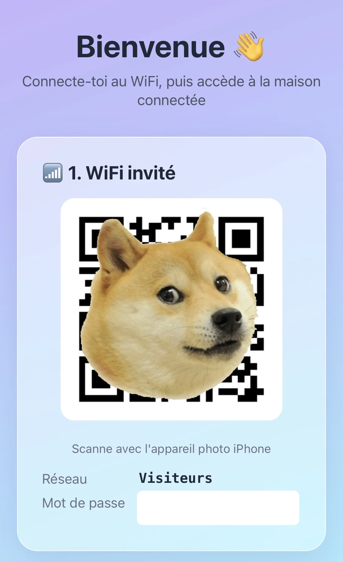 Accueil — étape 1 : QR du Wi-Fi visiteurs